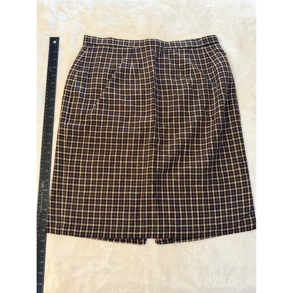 Vintage Chaus Plaid Pencil Skirt Brown Tan Black Viscose Size 14 Knee Length